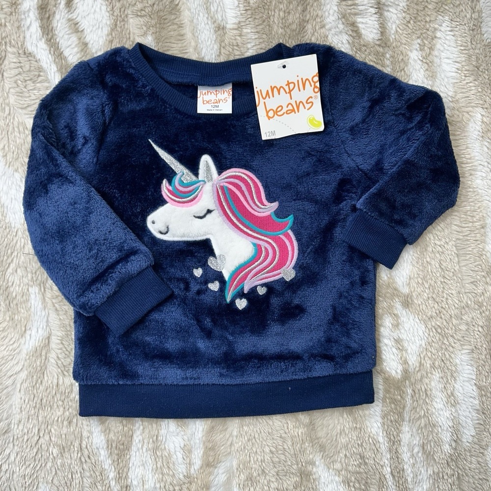 Jumping Beans Girls 12M Navy‎ Blue Faux Fur Unicorn Sweatshirt NWT
